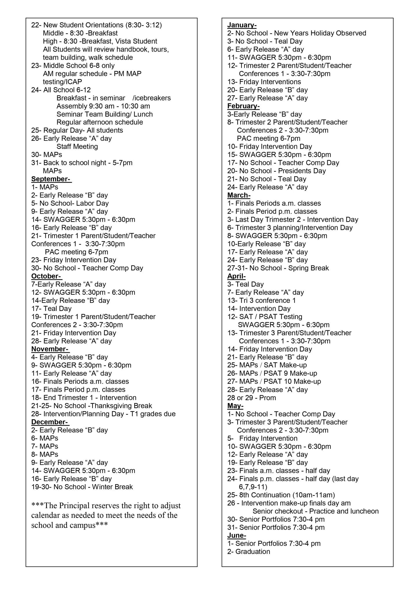 Vista Academy Calendar Vista Academy Calendar
